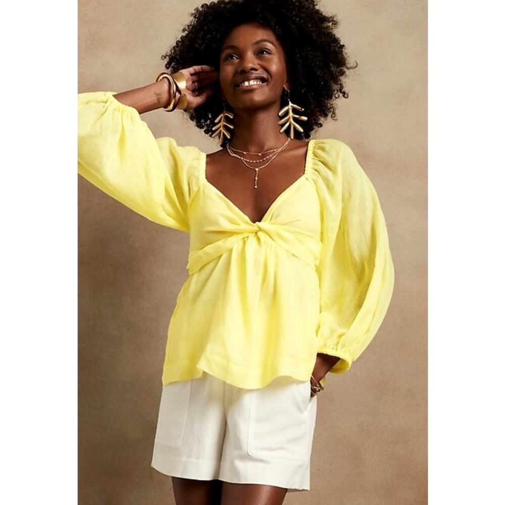 Banana Republic Long Sleeve Twist Front Smocked Ramie Top in Yellow L NWT $110
